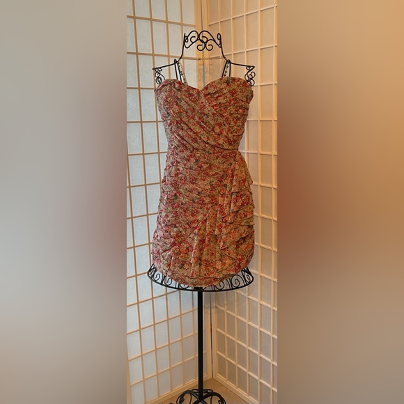 Strapless Floral Chiffon Pleated Mini Dress - Picture 2 of 7